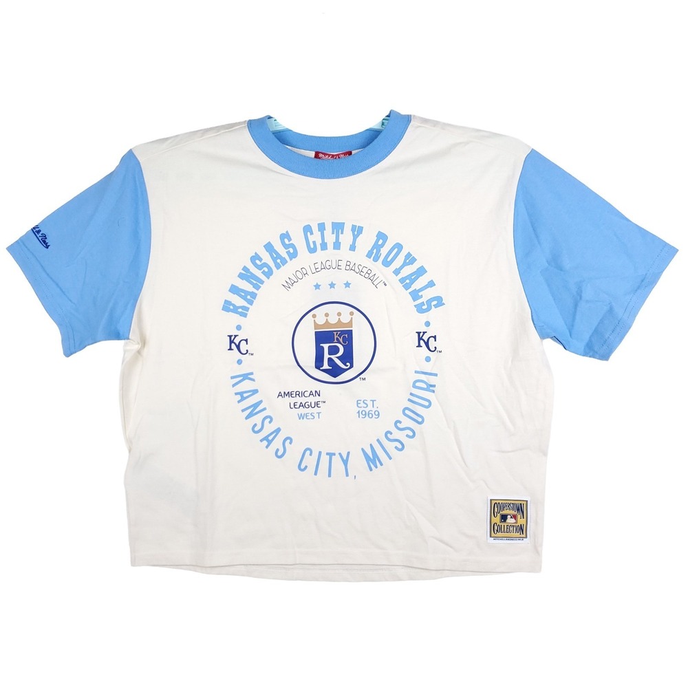 KC Royals Mitchell & Ness MLB Womens Medium Boxy Crop Top Cream Blue NWT